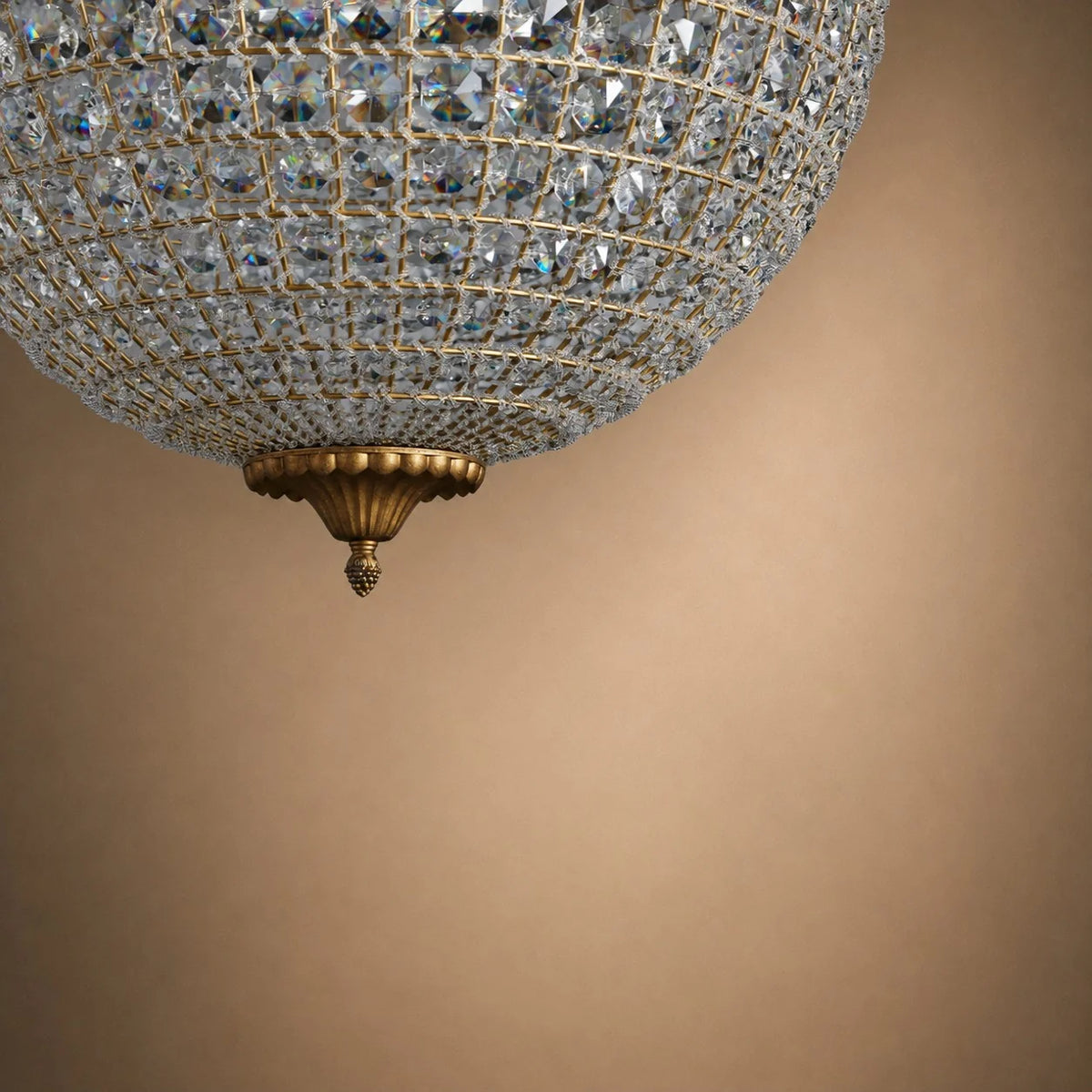 Chandelier Round Hand-Strung Crystals Antiqued Brass