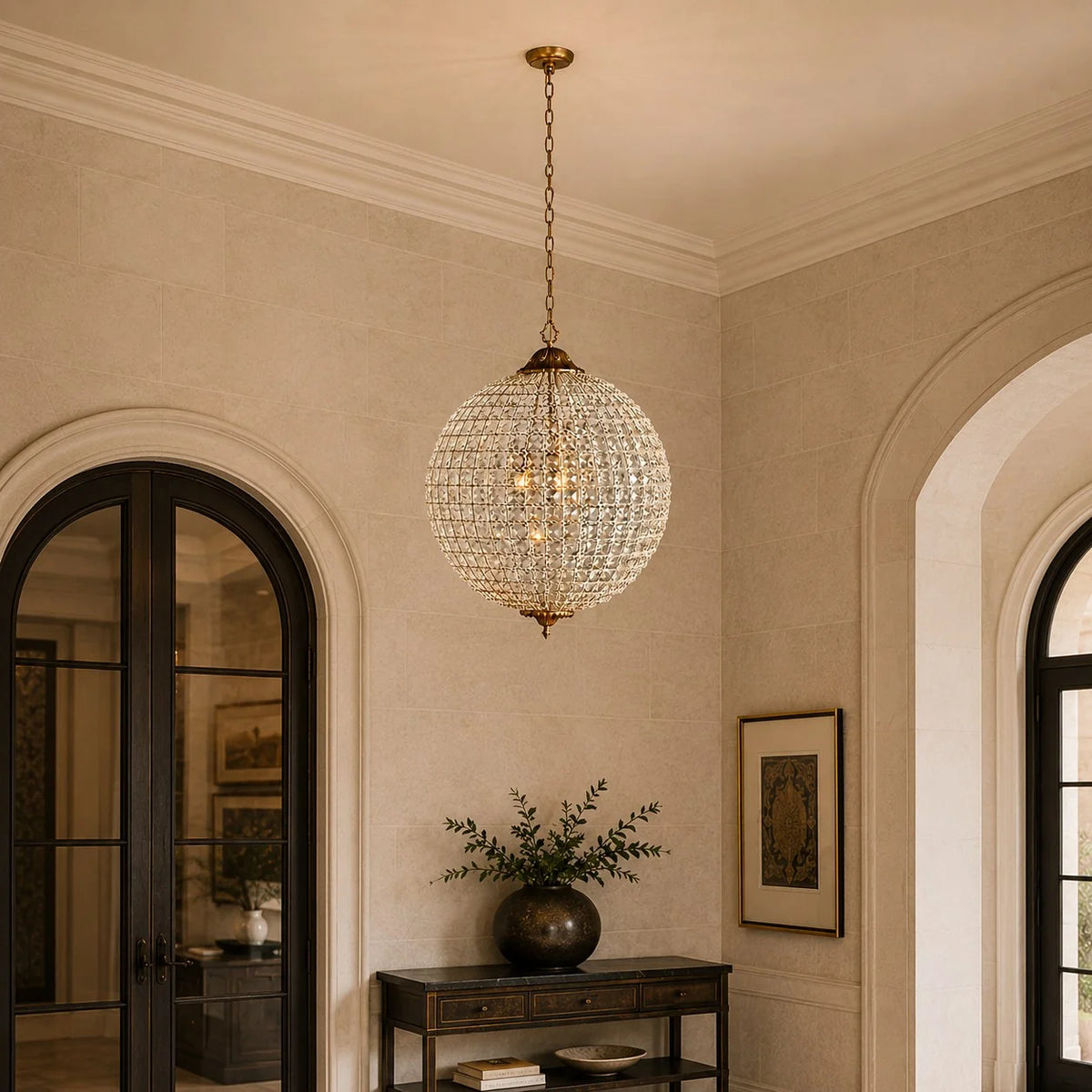 Chandelier Round Hand-Strung Crystals Antiqued Brass
