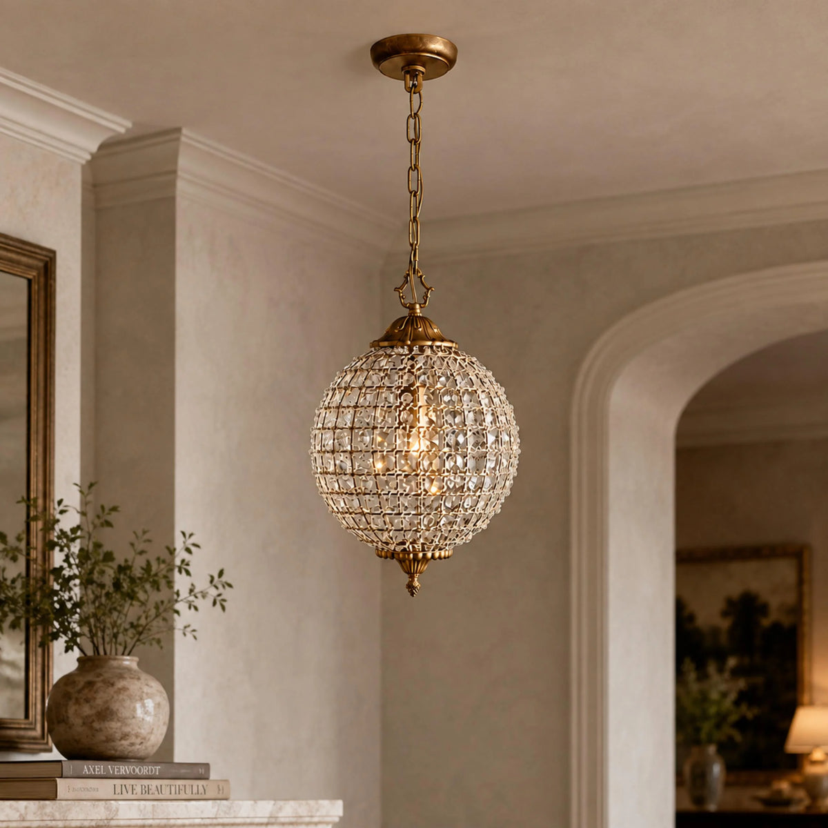 Chandelier Round Hand-Strung Crystals Antiqued Brass