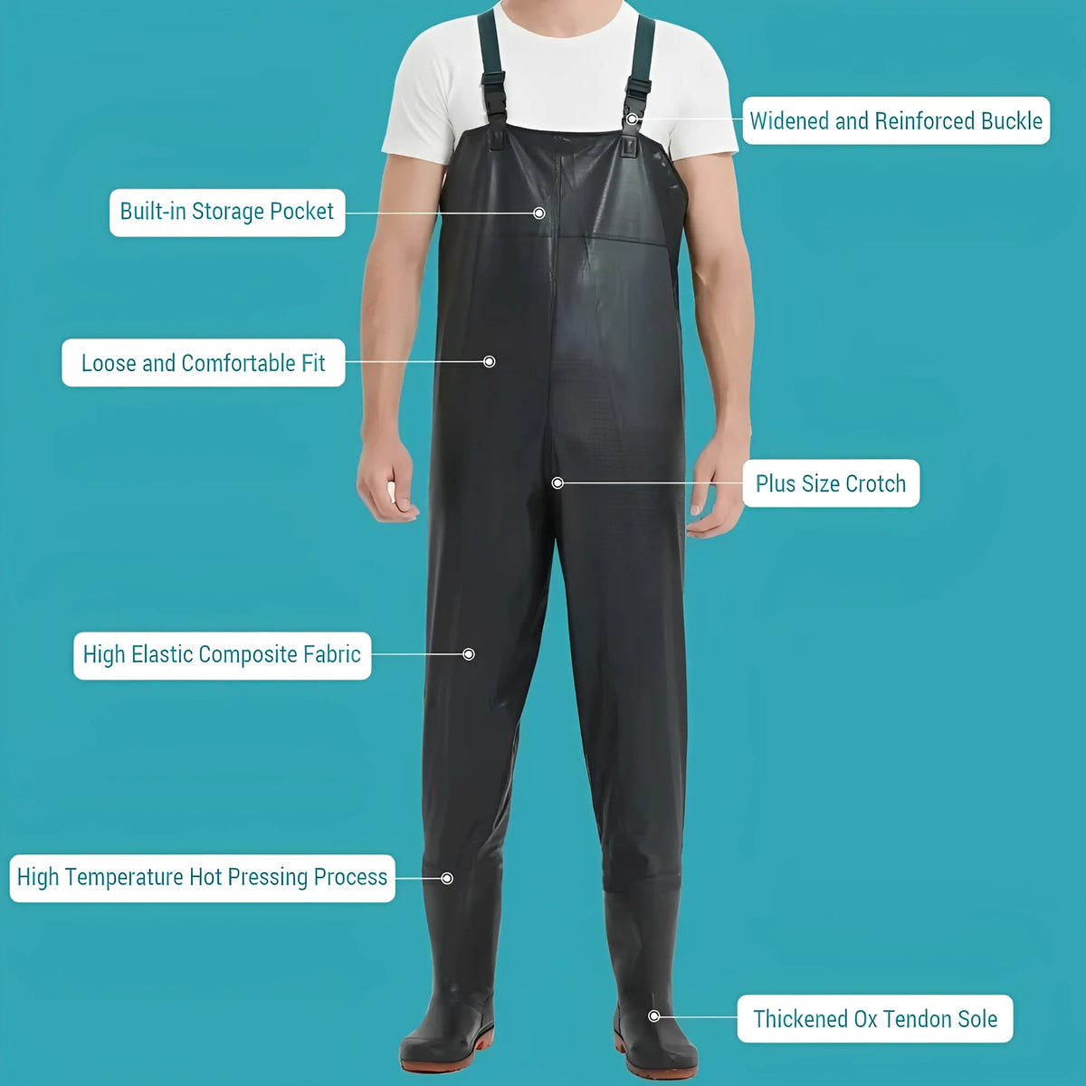 Chest Waders Water-Resistant PVC Sealed Seams Built-In Anti-Slip Boots