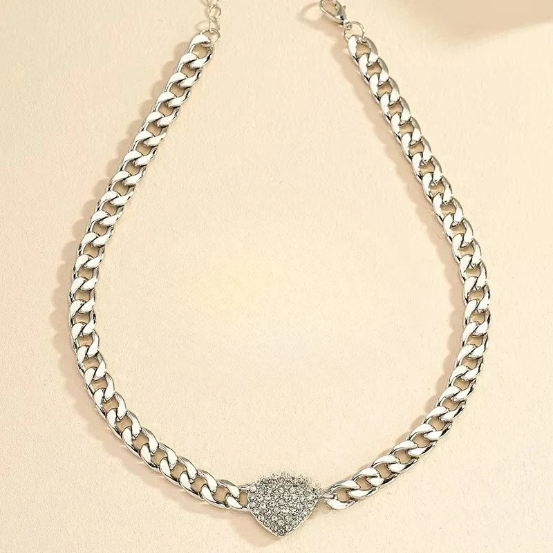 Choker Necklace Crystal Heart Pendant Adjustable Cuban Chain