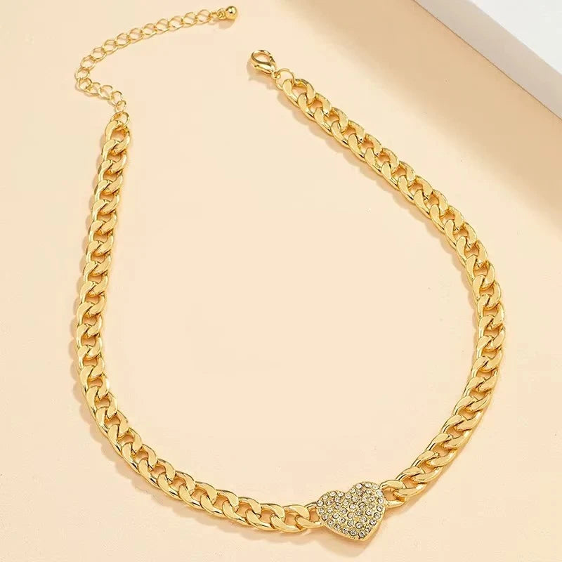 Choker Necklace Crystal Heart Pendant Adjustable Cuban Chain