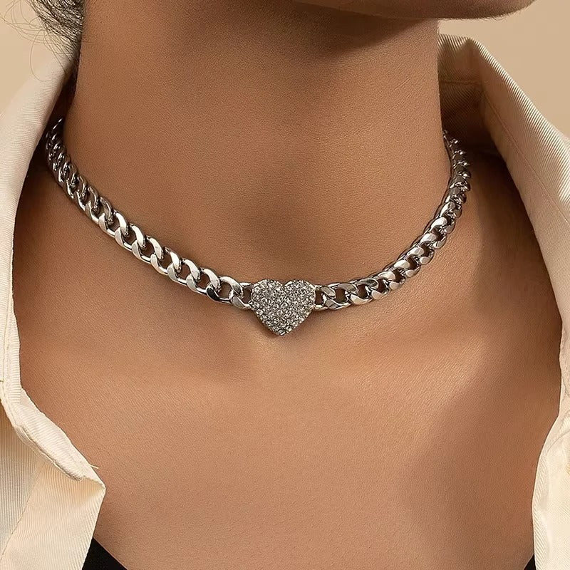 Choker Necklace Crystal Heart Pendant Adjustable Cuban Chain