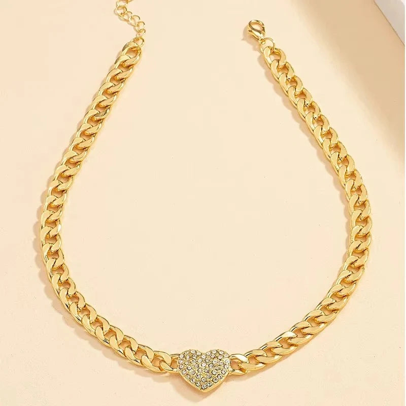 Choker Necklace Crystal Heart Pendant Adjustable Cuban Chain