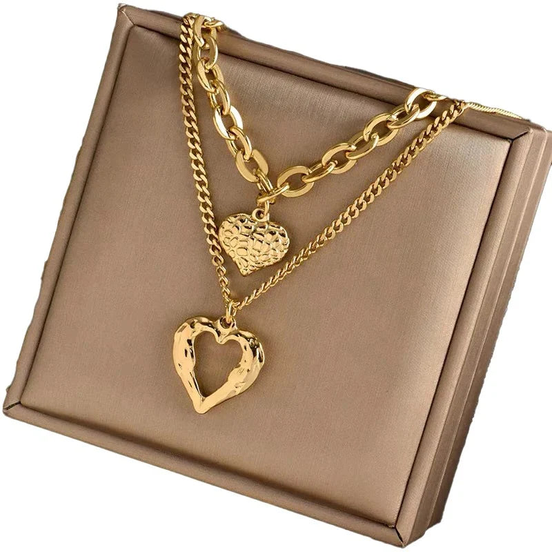 Choker Necklace Double Layer Heart Charm & Cuban Link Nickel-Free