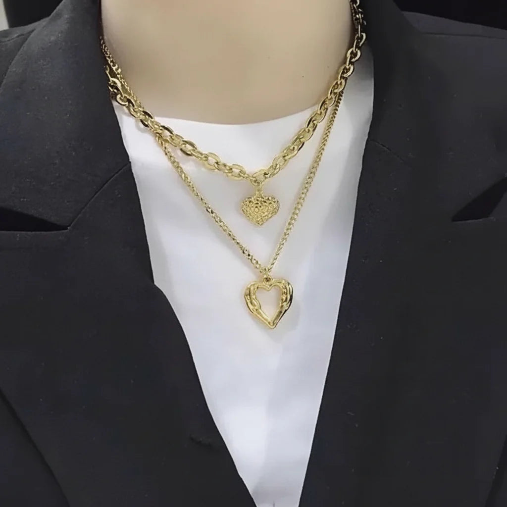 Choker Necklace Double Layer Heart Charm & Cuban Link Nickel-Free