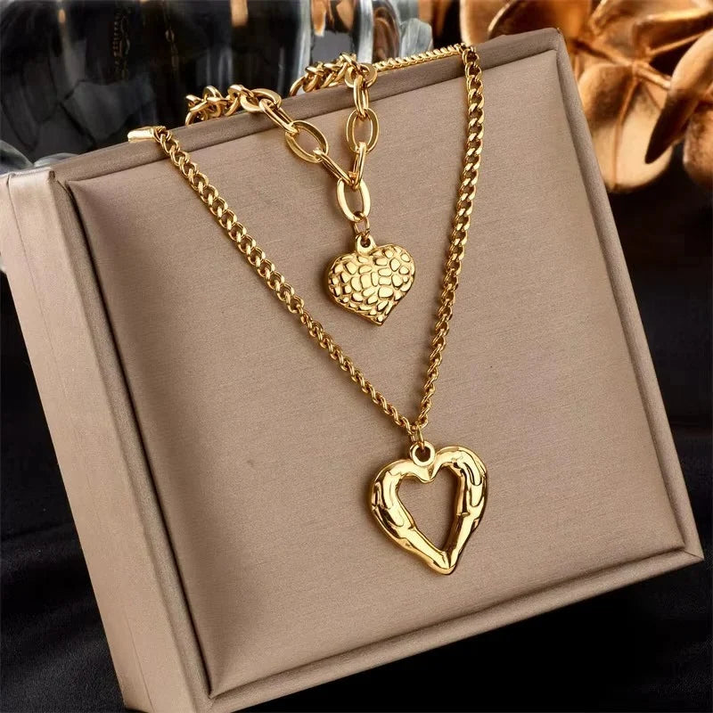 Choker Necklace Double Layer Heart Charm & Cuban Link Nickel-Free