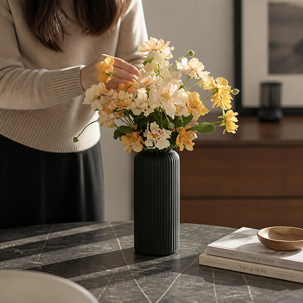 Contemporary Ribbed Ceramic Vase For Dried And Faux Flowers