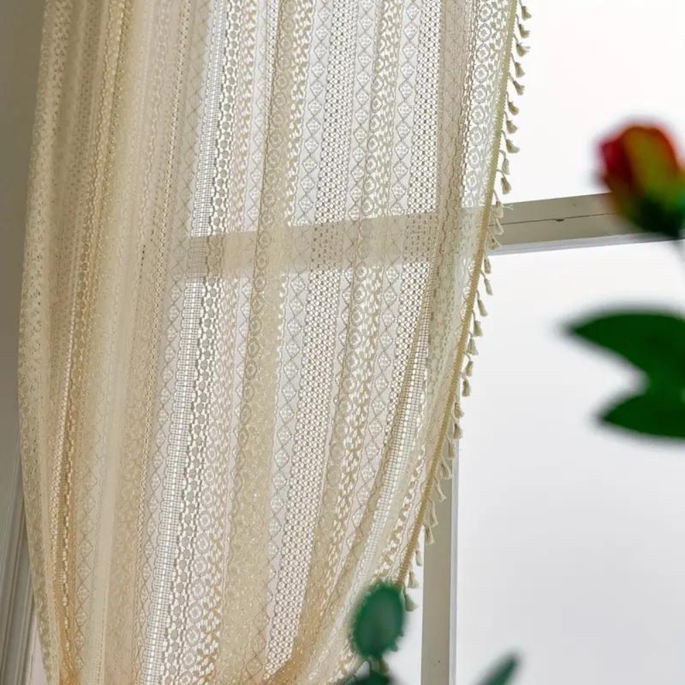 Crochet Curtain Tassel Trim Semi-Sheer Rod Pocket