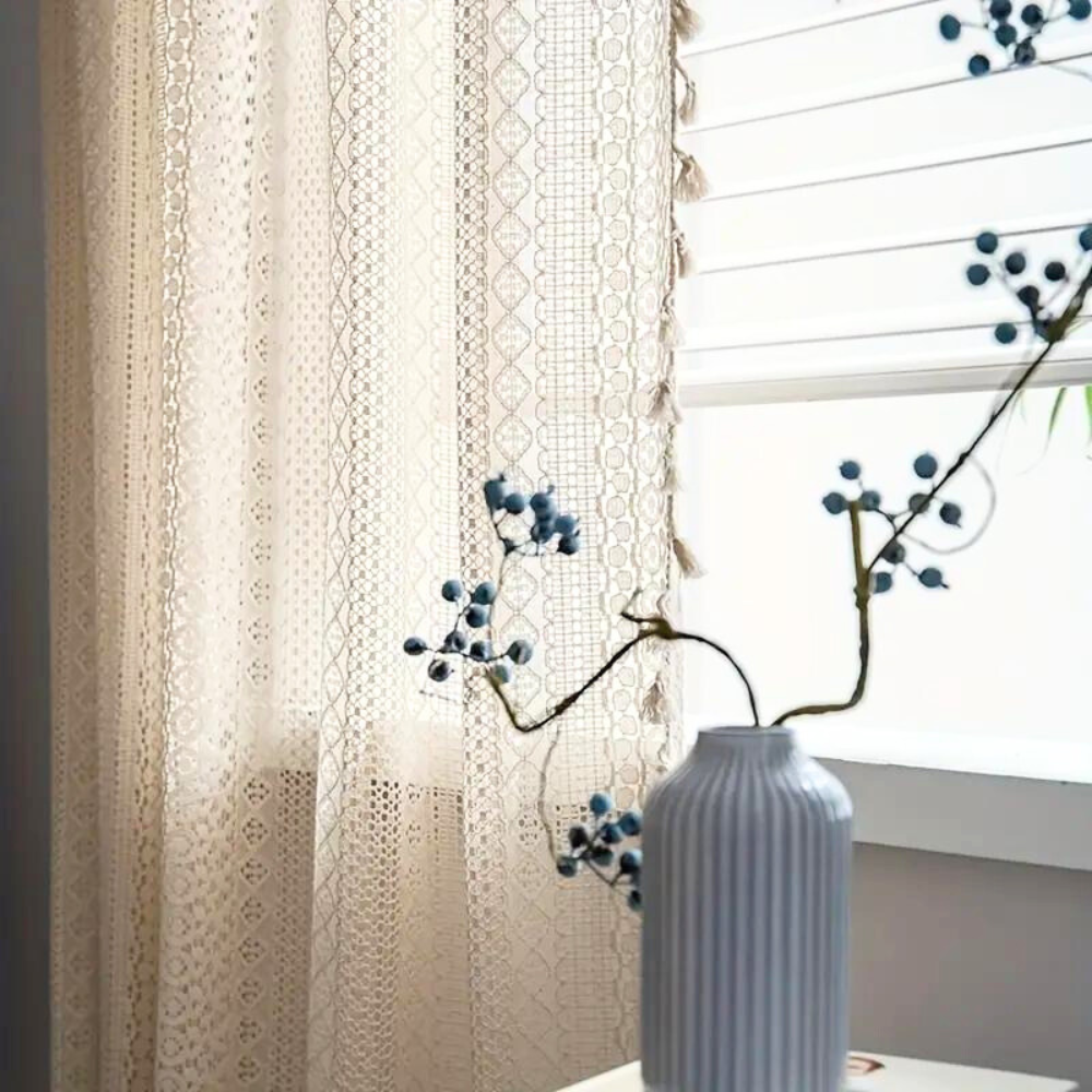 Crochet Curtain Tassel Trim Semi-Sheer Rod Pocket