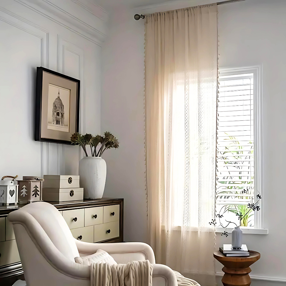 Crochet Curtain Tassel Trim Semi-Sheer Rod Pocket
