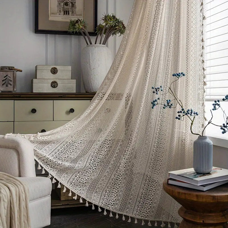 Crochet Curtain Tassel Trim Semi-Sheer Rod Pocket