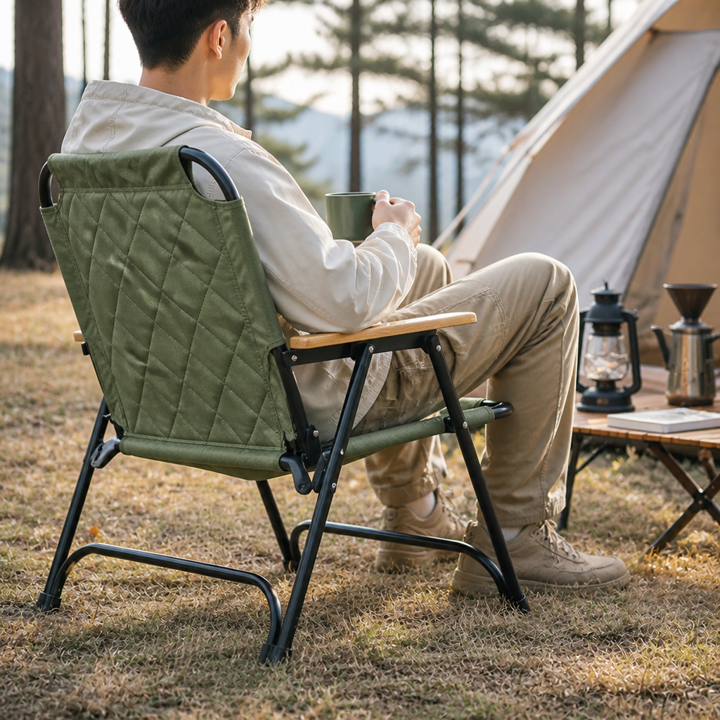Diamond-Pattern Oxford Fabric Folding Camping Chair (Beech Wood Arms)