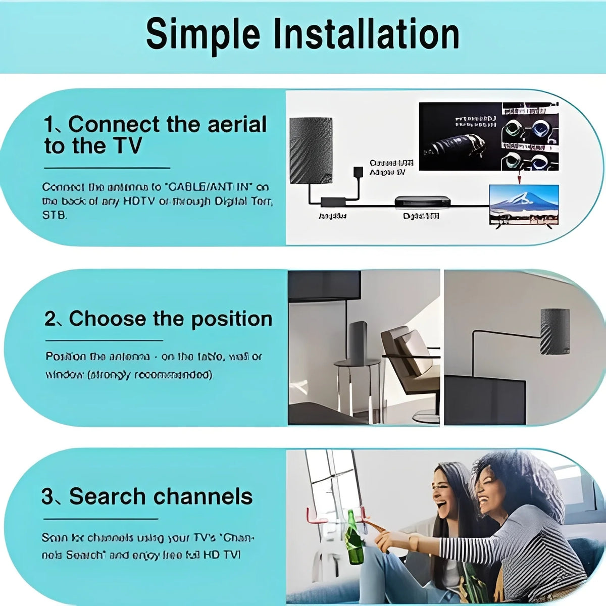 Digital TV Antenna Amplified VHF UHF 16.5 Foot Cable
