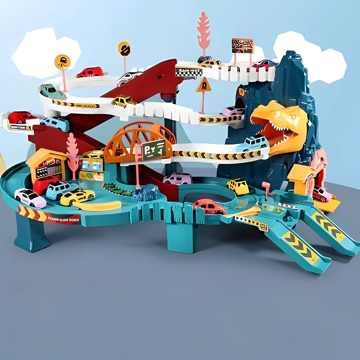 Dinosaur Racing Playset Multi-Level Track Eight Cars