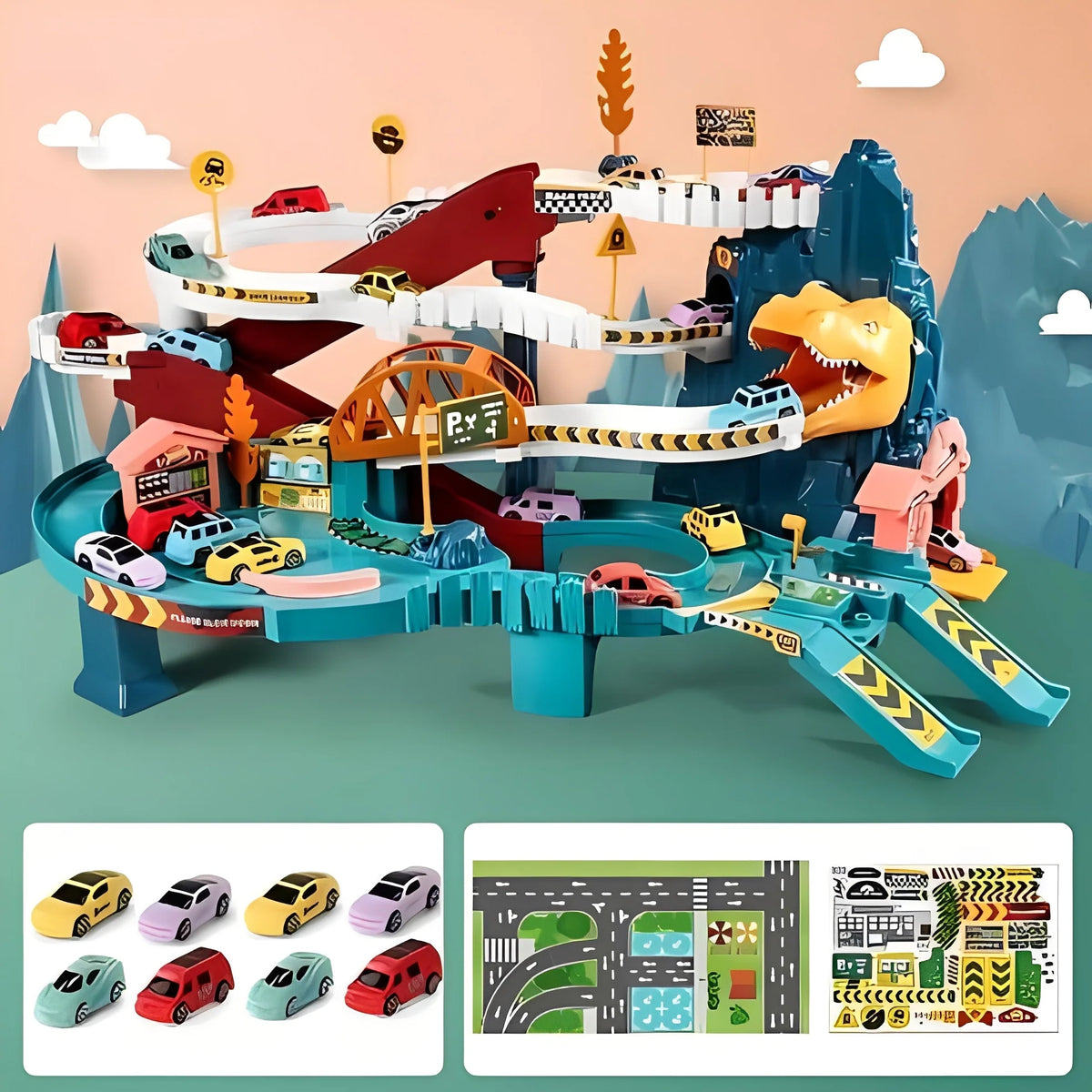 Dinosaur Racing Playset Multi-Level Track Eight Cars
