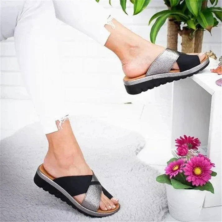Flat Sandals Slip-On Wide Toe Box PU Leather