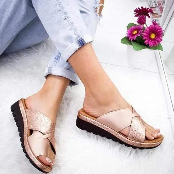 Flat Sandals Slip-On Wide Toe Box PU Leather