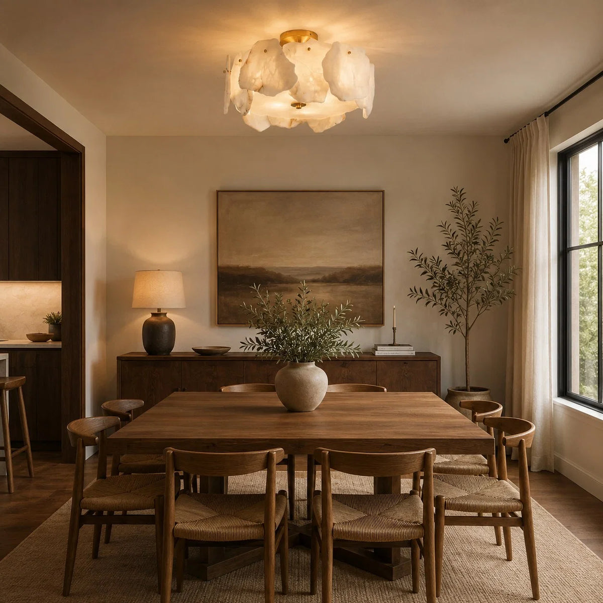 Flush Mount Ceiling Light Alabaster Petals & Copper Base