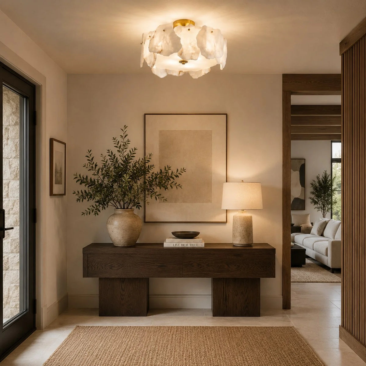 Flush Mount Ceiling Light Alabaster Petals & Copper Base