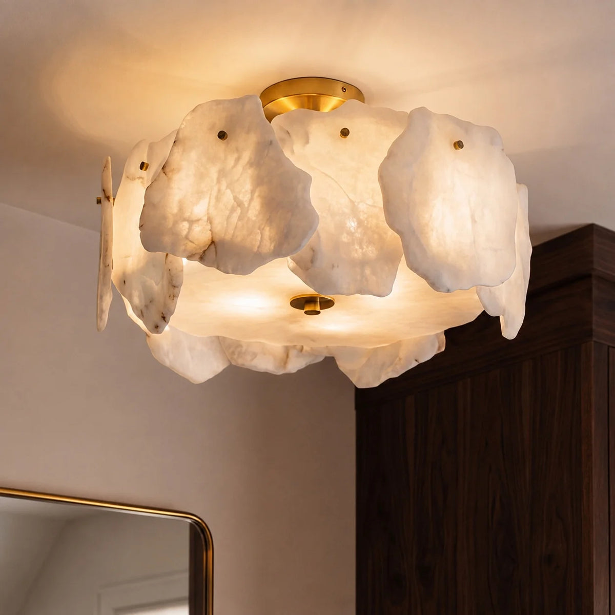 Flush Mount Ceiling Light Alabaster Petals & Copper Base