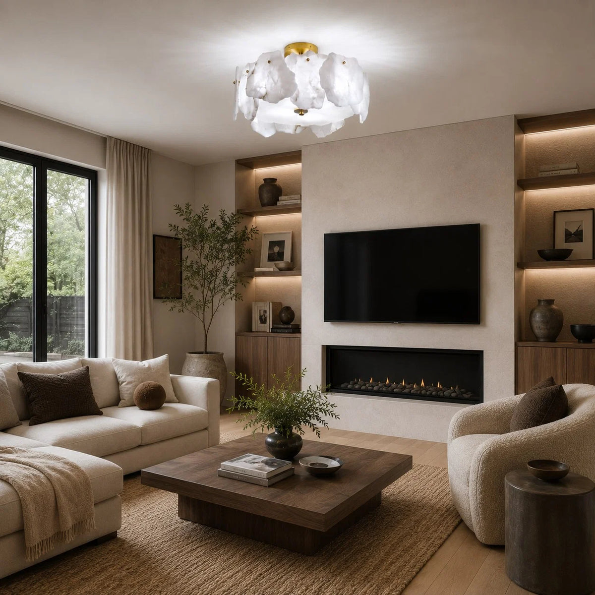 Flush Mount Ceiling Light Alabaster Petals & Copper Base