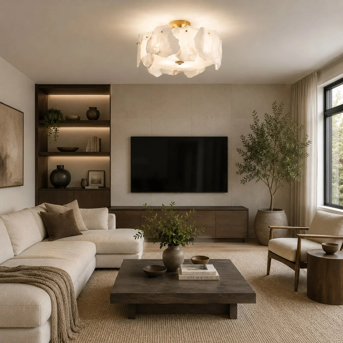 Flush Mount Ceiling Light Alabaster Petals & Copper Base