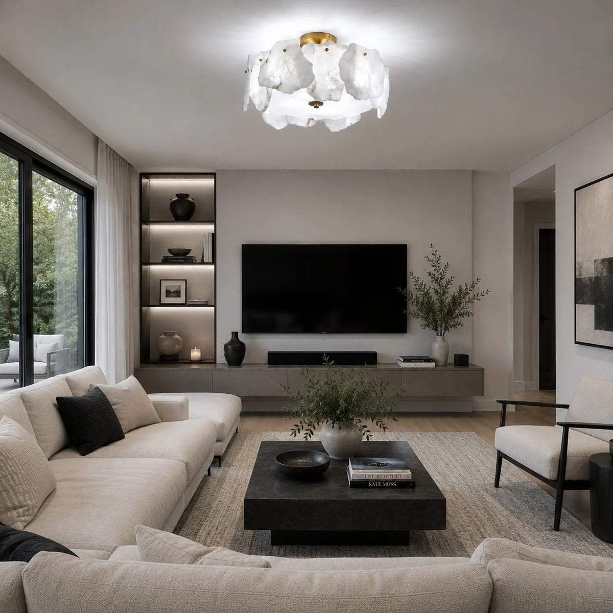 Flush Mount Ceiling Light Alabaster Petals & Copper Base