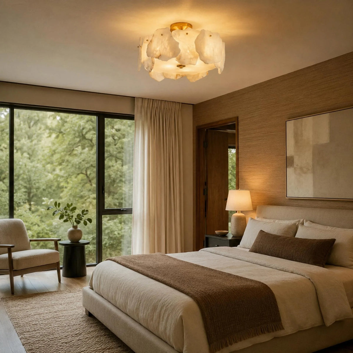 Flush Mount Ceiling Light Alabaster Petals & Copper Base