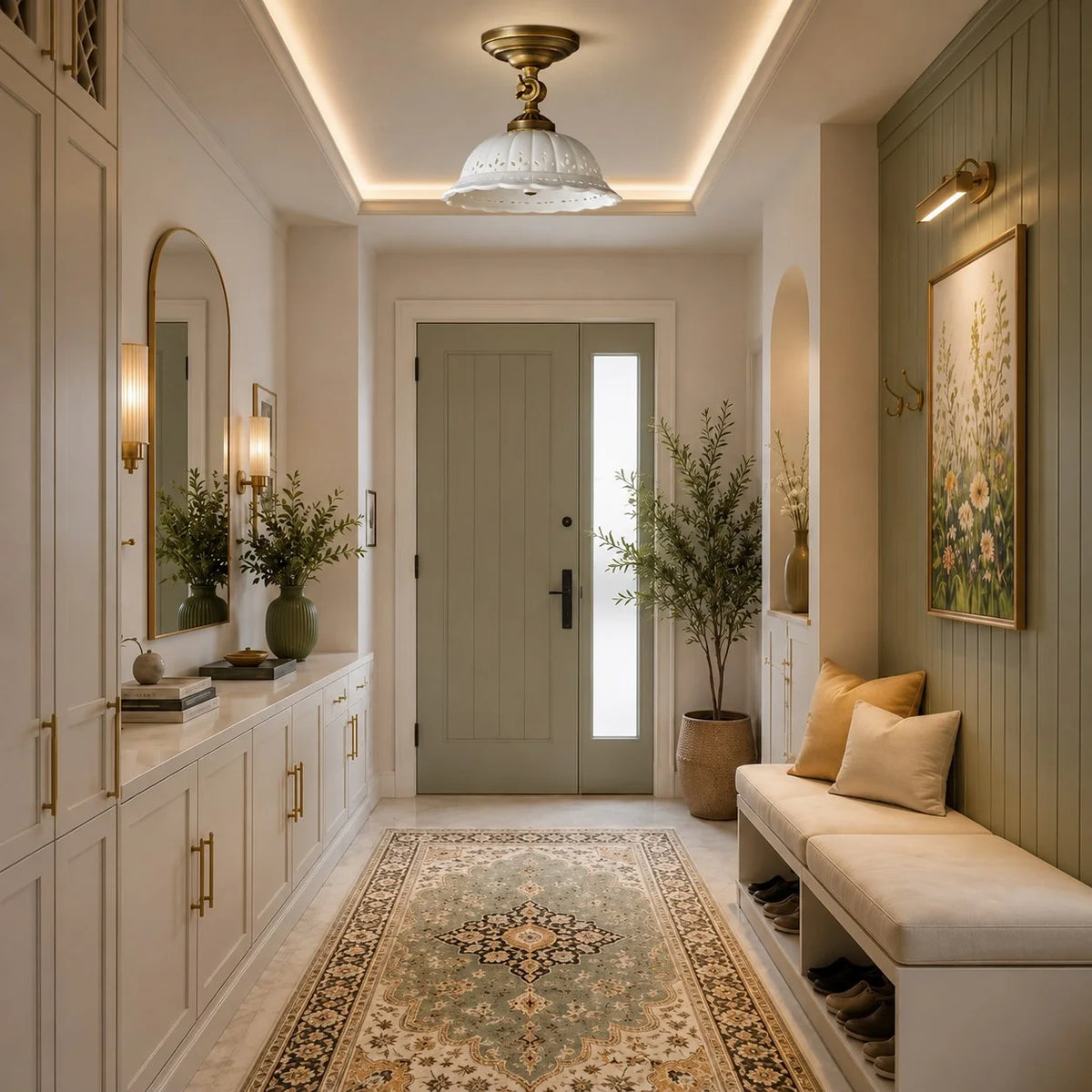 Flush Mount Ceiling Light Antique Brass Ceramic Shade