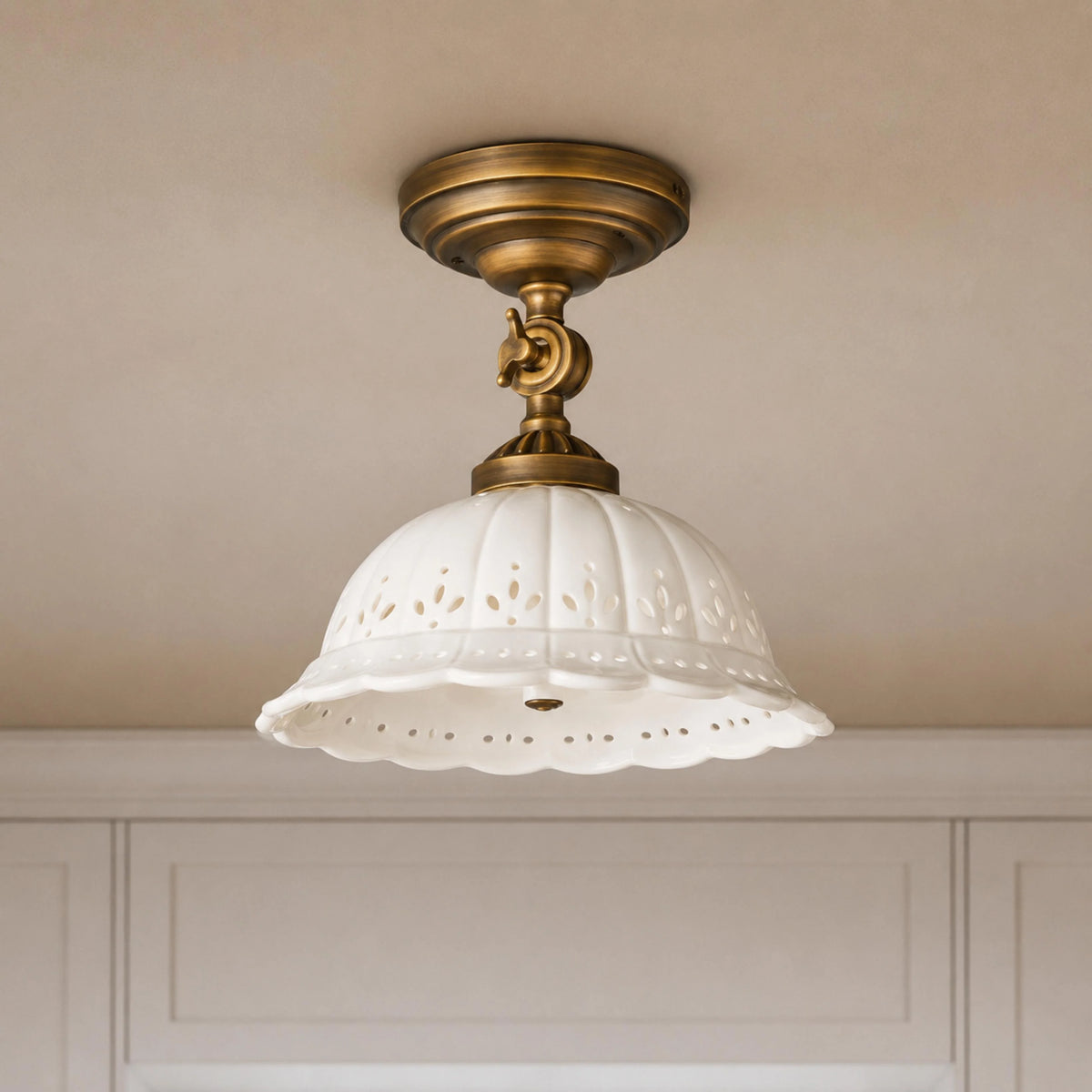 Flush Mount Ceiling Light Antique Brass Ceramic Shade
