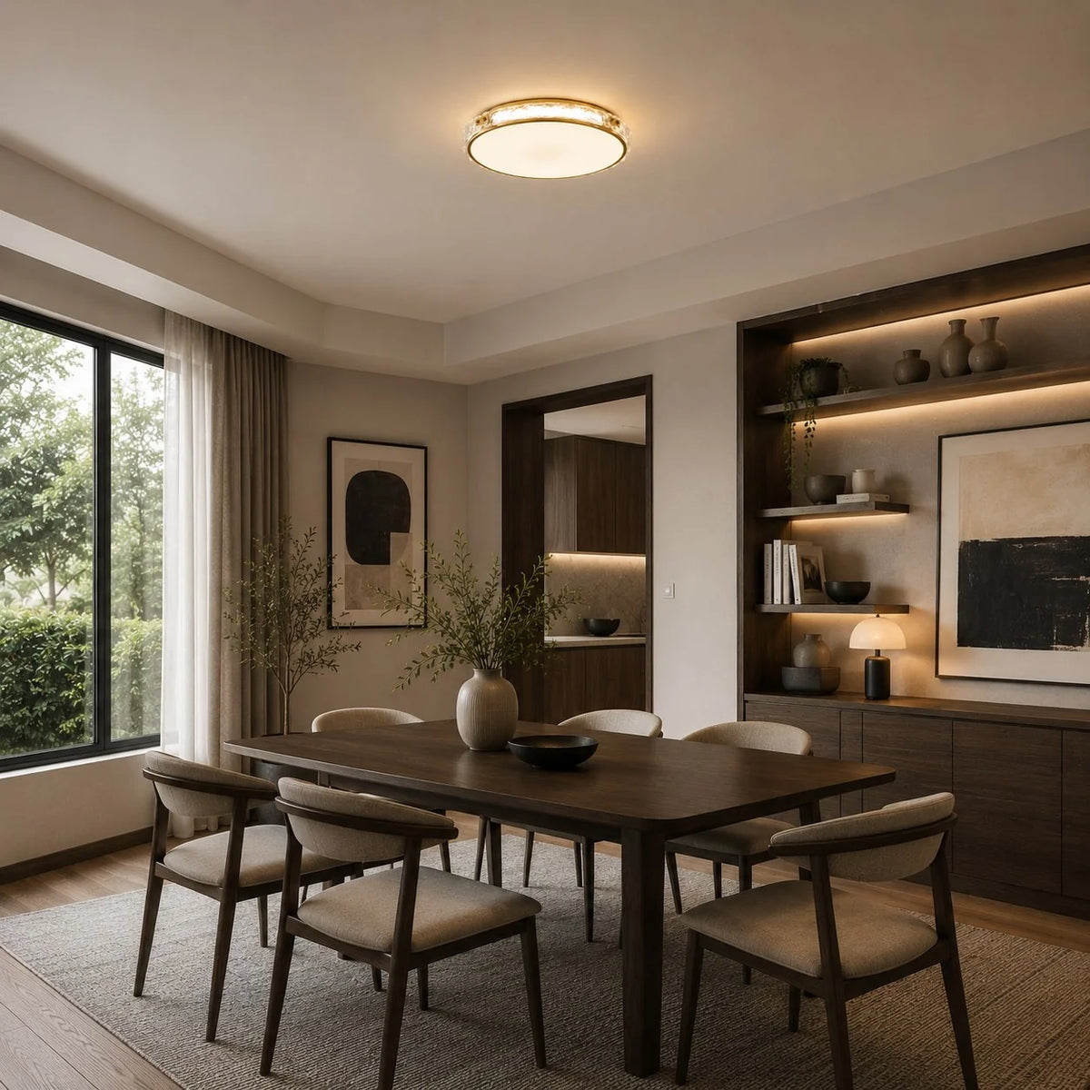 Flush Mount Light Circular Copper & Glass Trichromatic