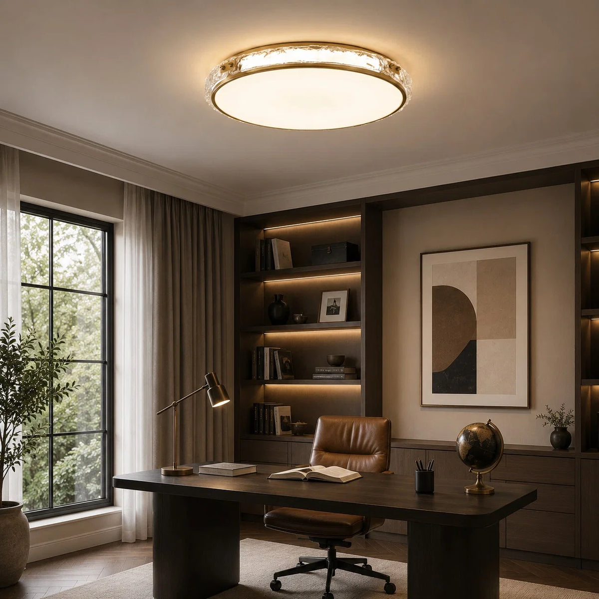 Flush Mount Light Circular Copper & Glass Trichromatic