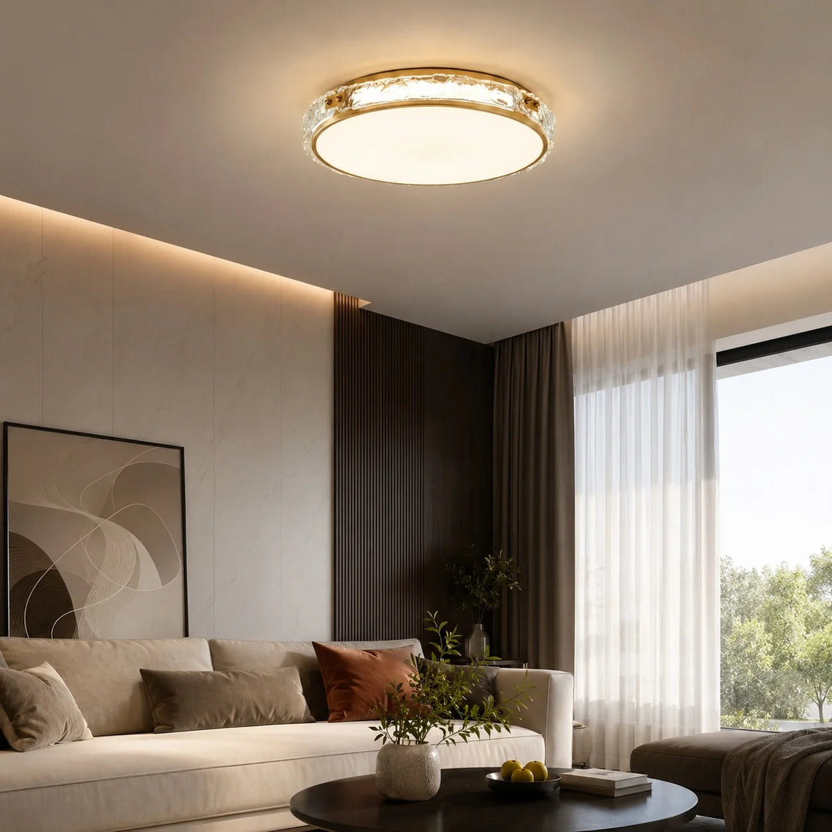 Flush Mount Light Circular Copper & Glass Trichromatic