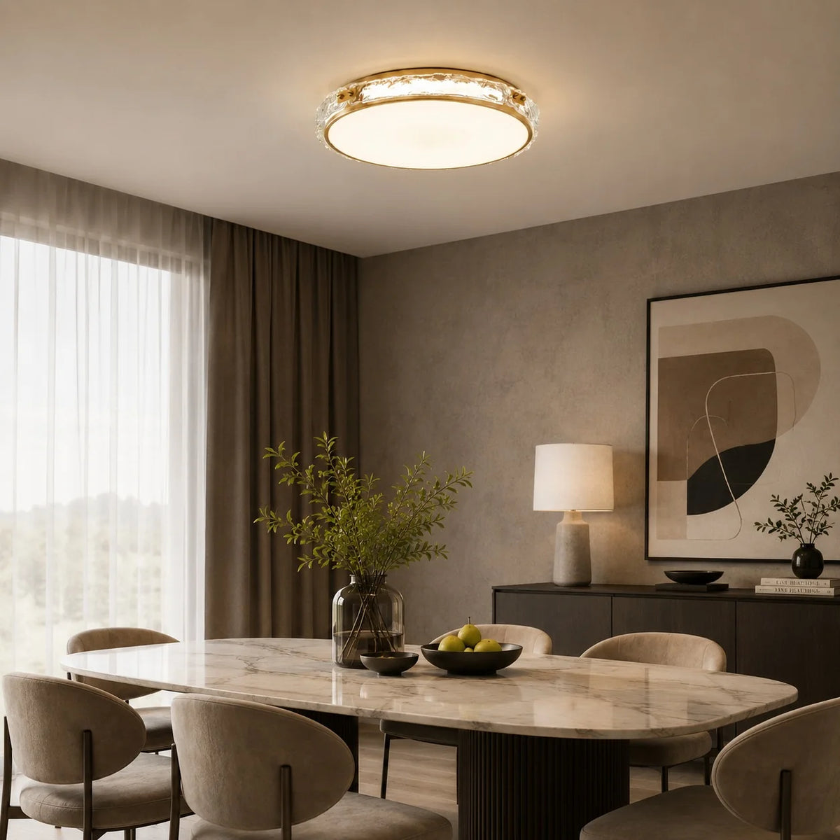 Flush Mount Light Circular Copper & Glass Trichromatic