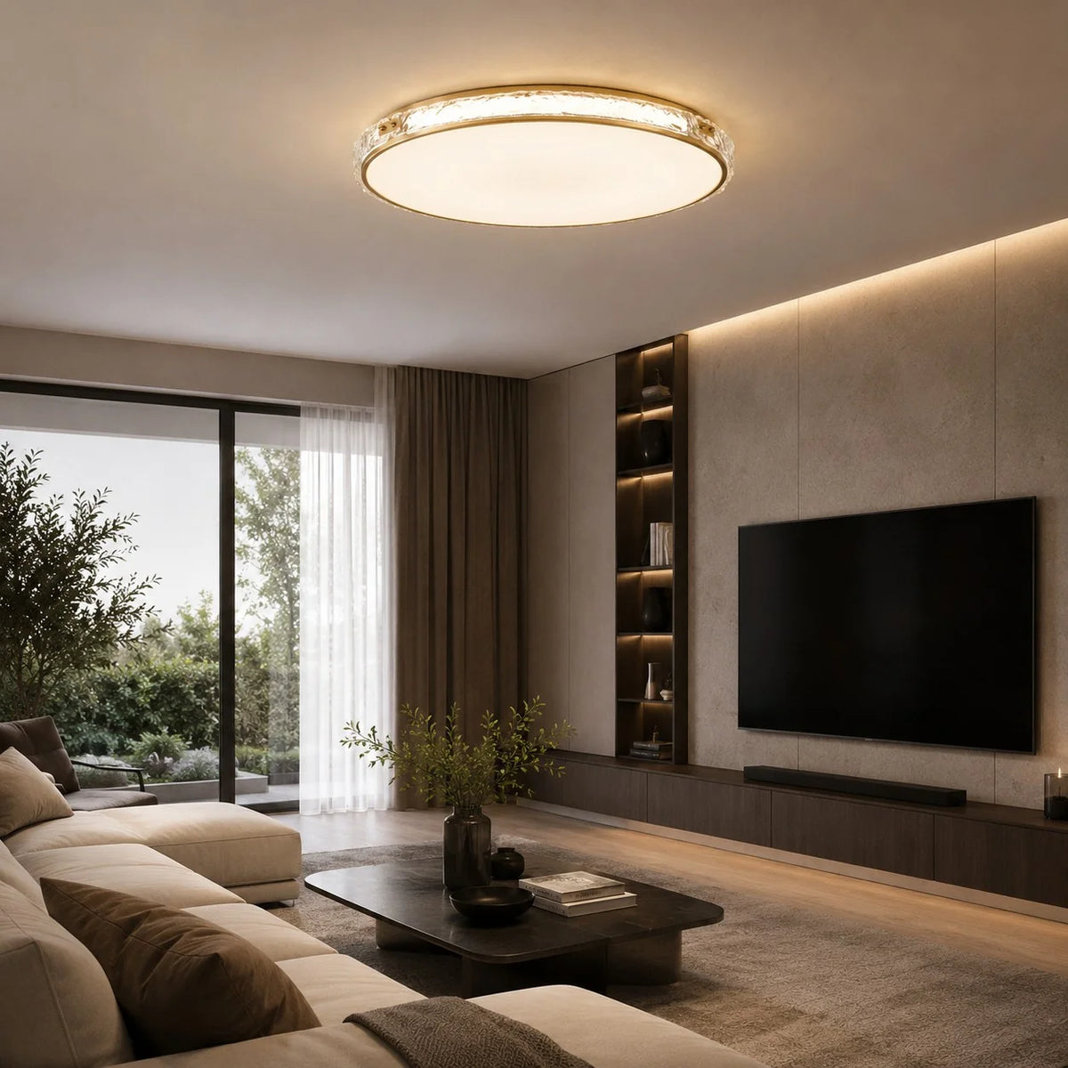 Flush Mount Light Circular Copper & Glass Trichromatic