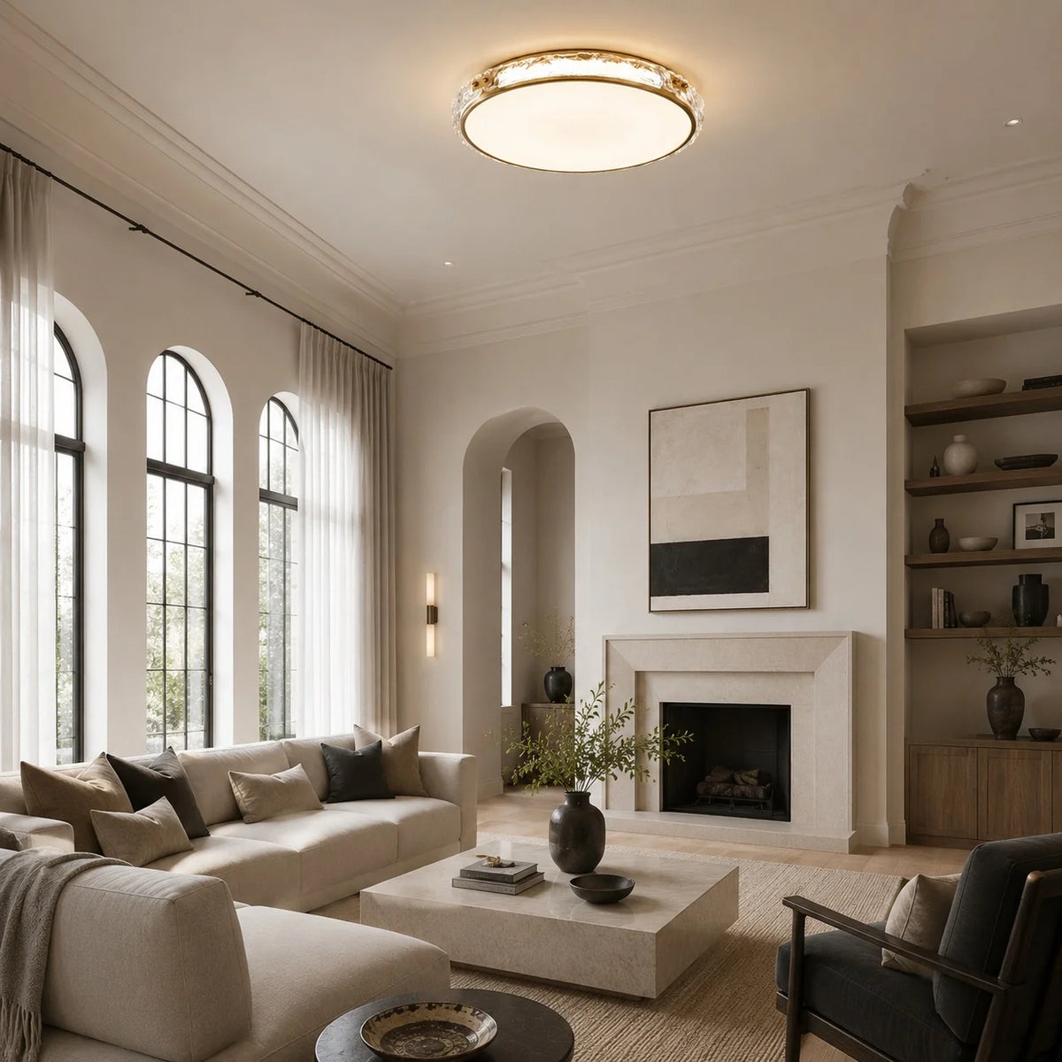 Flush Mount Light Circular Copper & Glass Trichromatic