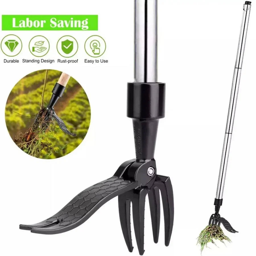 Garden Weed Puller Bamboo Handle Stainless Steel Claws