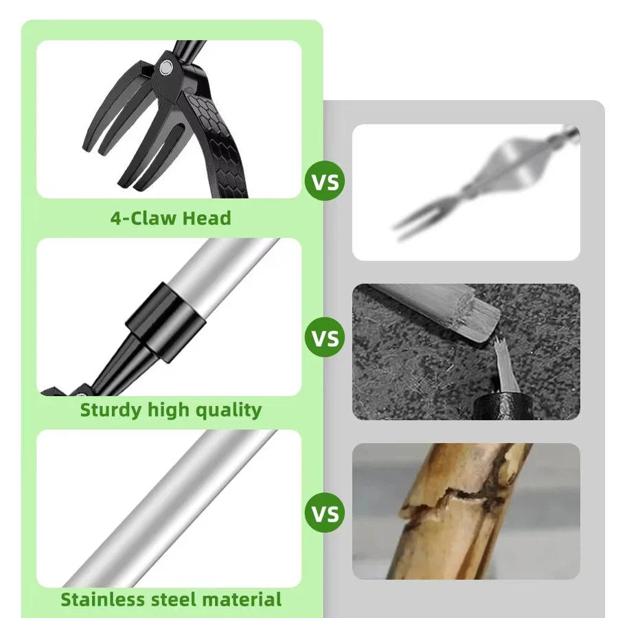 Garden Weed Puller Bamboo Handle Stainless Steel Claws