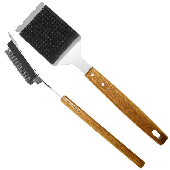 Grill Brush Wood Handle Metal Scraper Stainless Steel Bristles