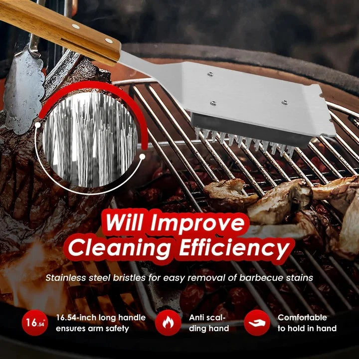 Grill Brush Wood Handle Metal Scraper Stainless Steel Bristles
