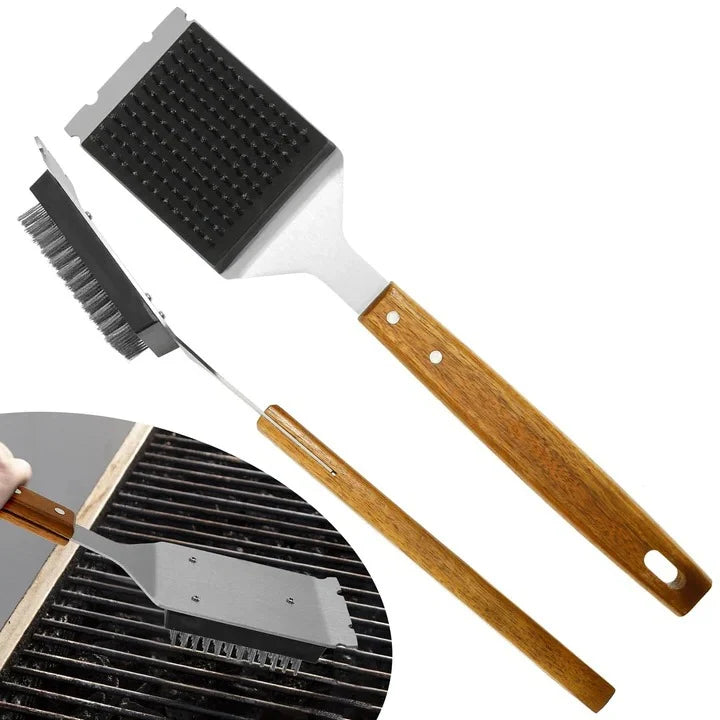 Grill Brush Wood Handle Metal Scraper Stainless Steel Bristles