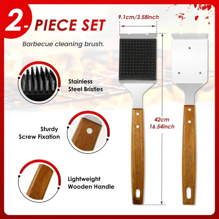 Grill Brush Wood Handle Metal Scraper Stainless Steel Bristles