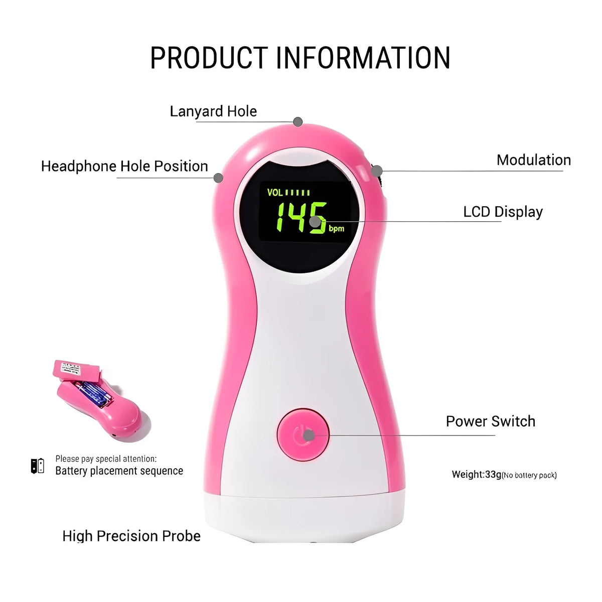 Handheld Fetal Doppler Backlit LCD & Headphone Jack