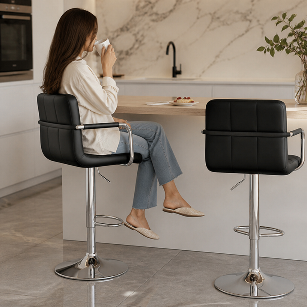 Height-Adjustable Padded Bar Stool With Footrest