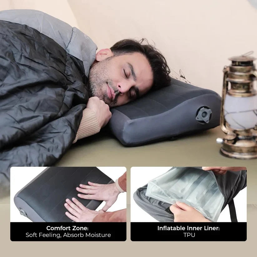 Inflatable Camping Pillow Adjustable Loft & Removable Velour Cover