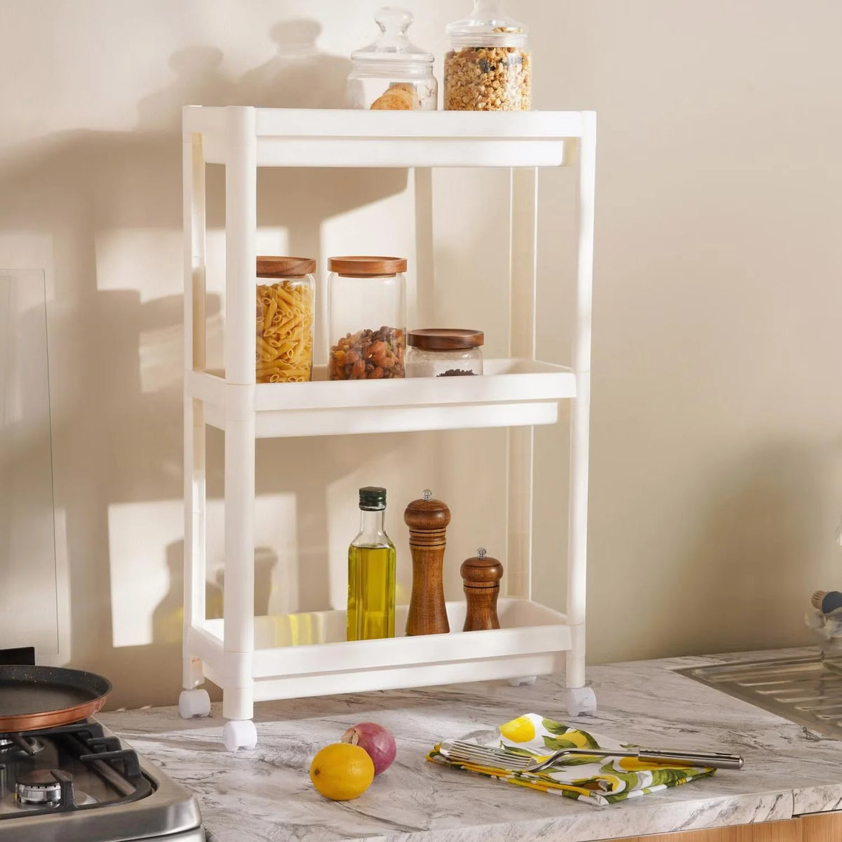 Kitchen Storage Rack 3-Tier Slim Smooth-Glide Wheels