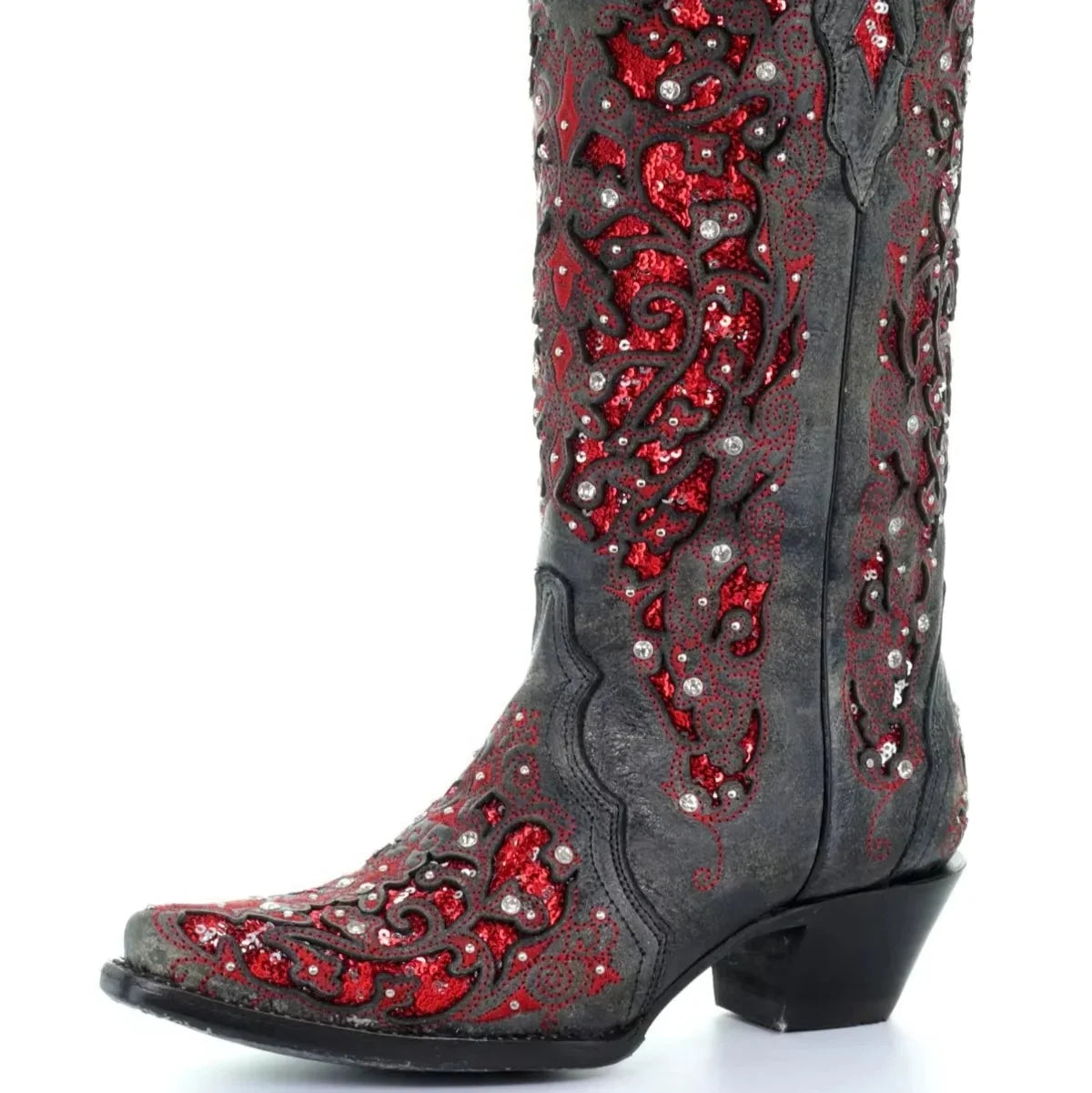 Knee-High Boots Sequined Embroidered Pointed Toe & Block Heel