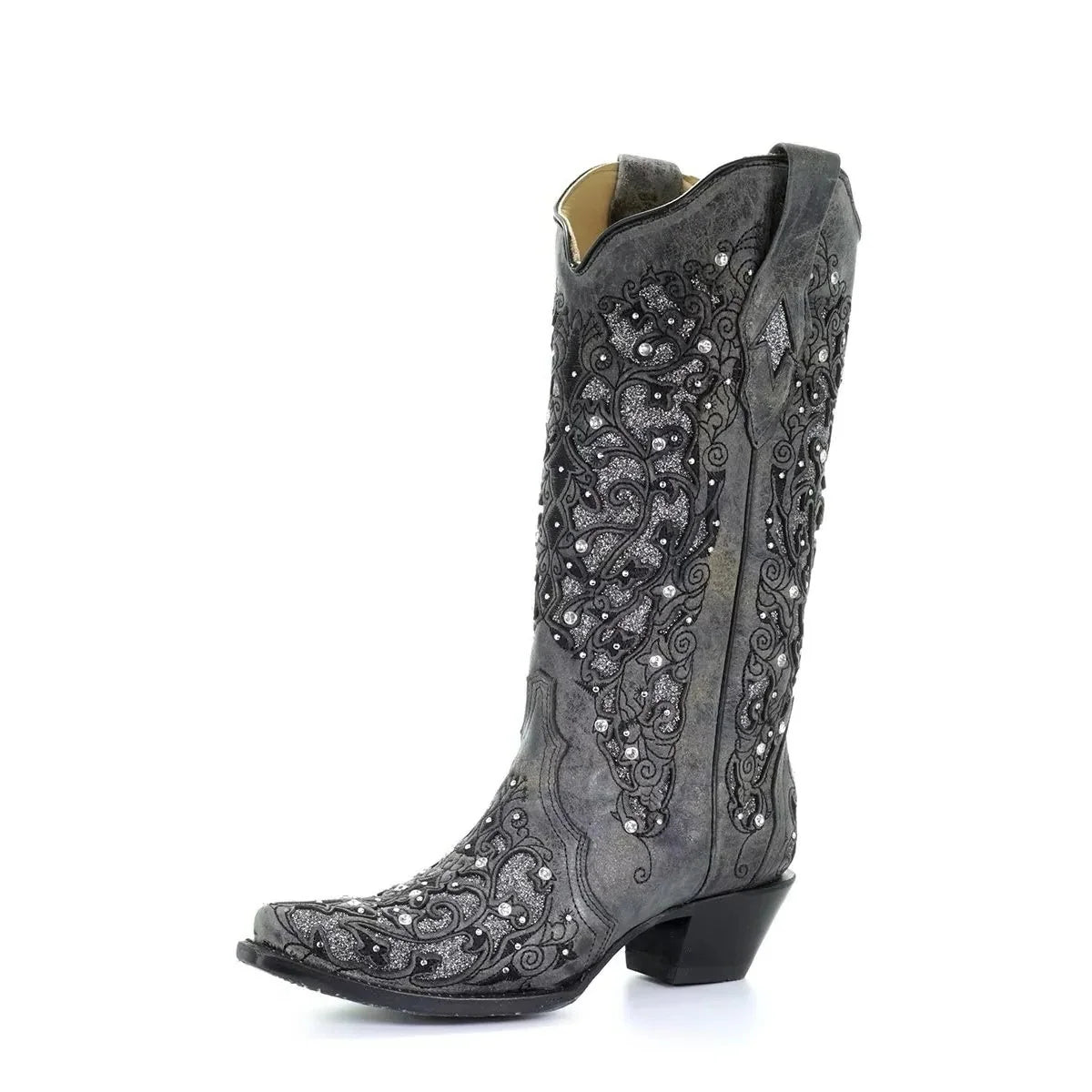 Knee-High Boots Sequined Embroidered Pointed Toe & Block Heel