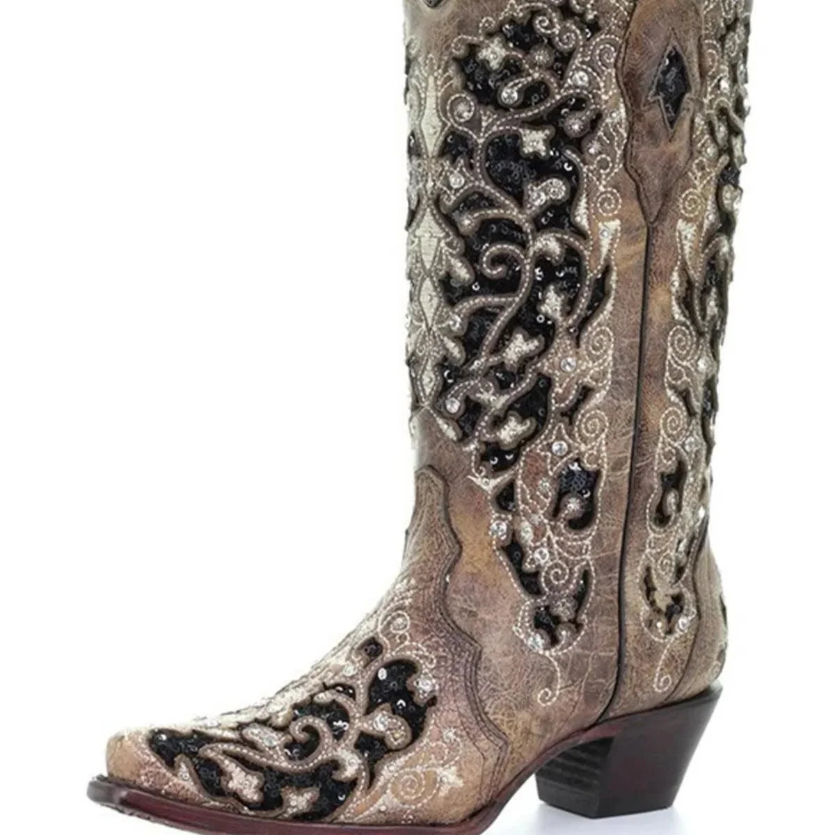 Knee-High Boots Sequined Embroidered Pointed Toe & Block Heel